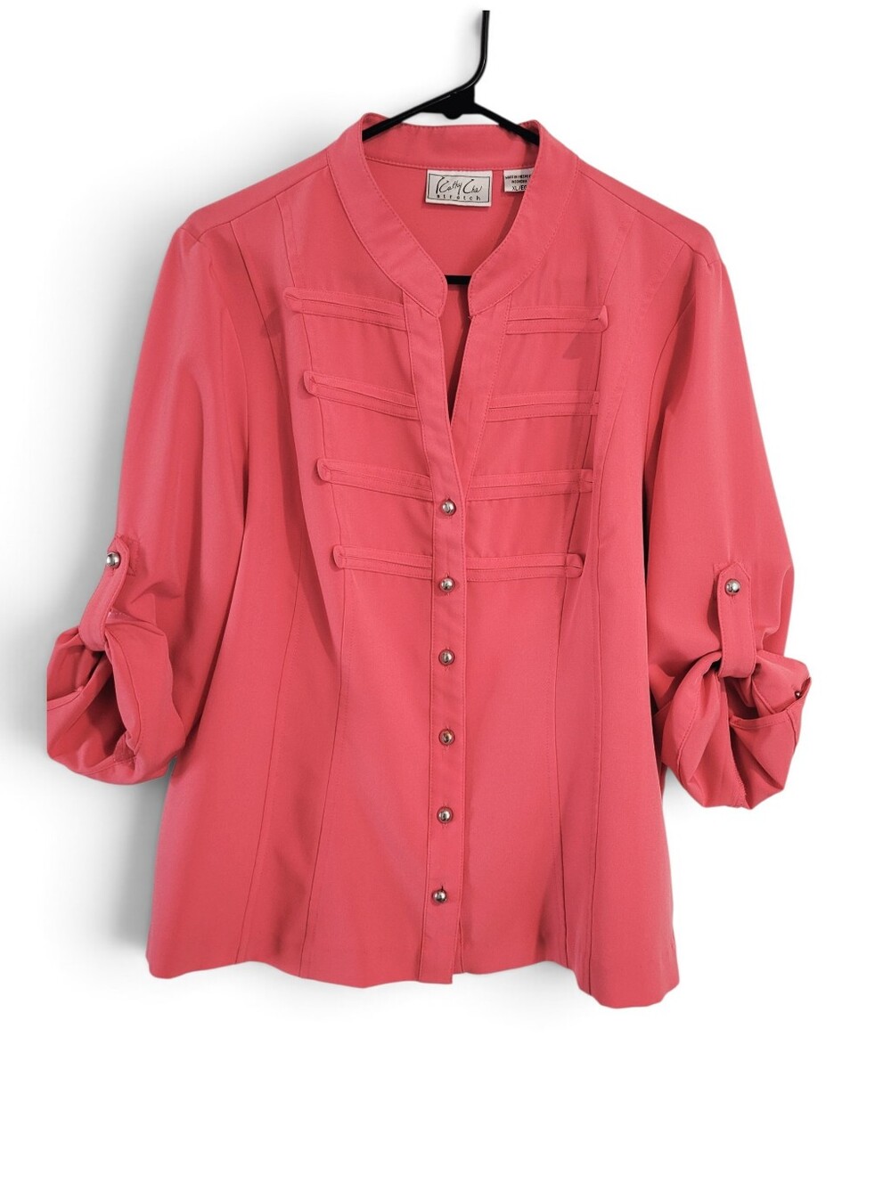 Vintage Kathy Che Coral military style button down v neck blouse